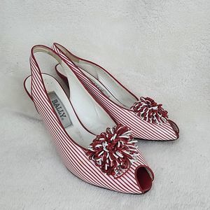Vintage Bally Womens Slingback Red White Stripes Peep Toe Mid Heel Pumps Size 6M